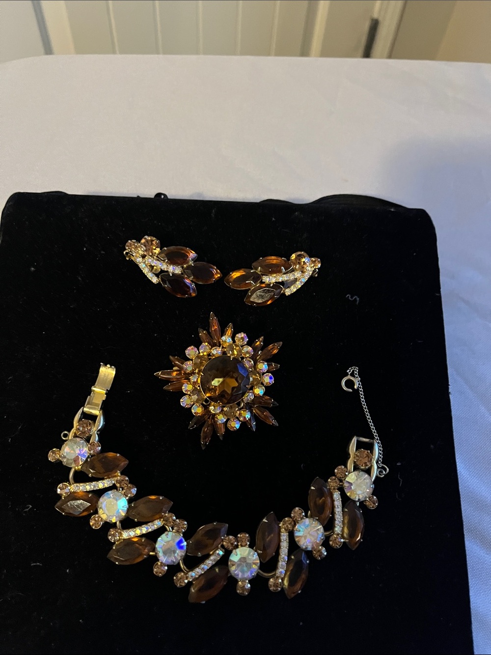 Juliana Gold-Tone Brown Crystal Bracelet with Matching Brooch and Earrings Set